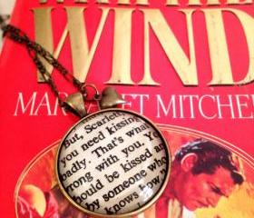  Gone with the Wind Scarlett and Rhett You need to be kissed Antiqued Bronze Book Page Necklace