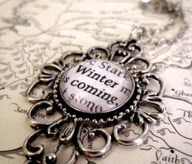 Game of Thrones Winter is Coming Antiqued Silver Book Page Necklace