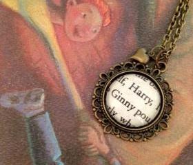 Harry Potter and Ginny Weasley J.K. Rowling Antiqued Bronze Book Page Necklace