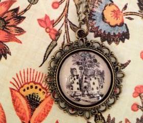 Alice in Wonderland Queen of Hearts's Playing Cards and Roses Antiqued Bronze Book Page Necklace