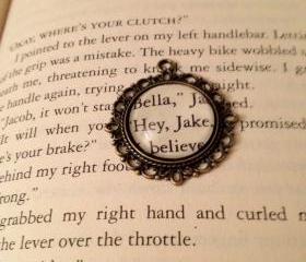 Jake Black and Bella Swan from Stephanie Meyers's Twilight Antiqued Bronze Book Page Necklace