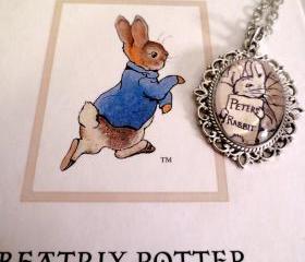 Peter Rabbit Antiqued Silver or Bronze Book Page Necklace Beatrix Potter