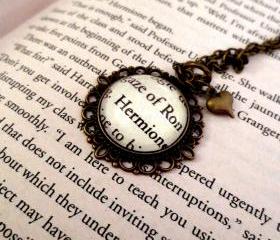 Ron Weasley and Hermione Granger from Harry Potter Antiqued Bronze Book Page Necklace