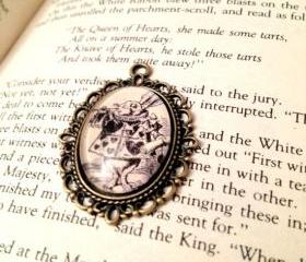 White Rabbit from Alice's Adventures in Wonderland Antiqued Bronze Victorian Literature Book Page Necklace