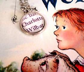 Charlotte and Wilbur from Charlotte's Web Antiqued Silver Book Page Necklace