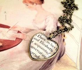 Pride and Prejudice Elizabeth Bennet and Mr Darcy Heart Shaped Antiqued Bronze Book Page Necklace